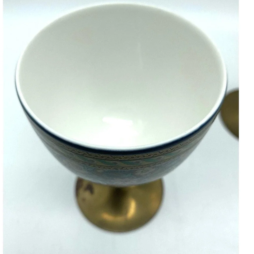 Vintage Pair Kutani Yaki Ware Japan Porcelain Brass Stem‎ Sake Wine Cup Goblet
